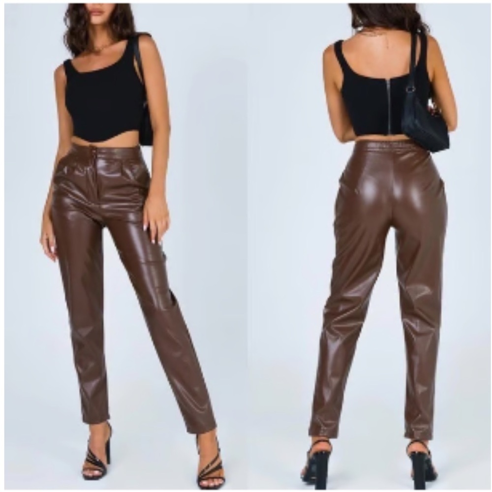 Princess Polly Like New Love Club Vegan Leather Straight Leg Pants in Brown 4